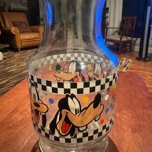 Walt Disney Goofy Glass Juice Carafe Decanter With Black/White Checkers Vtg